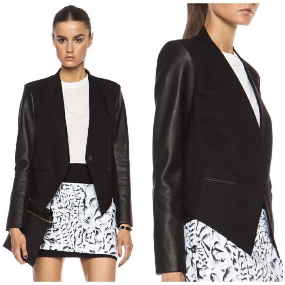 Helmut Lang Smoking Wool Leather Sleeve Cropped Tuxedo Blazer Black Size 0